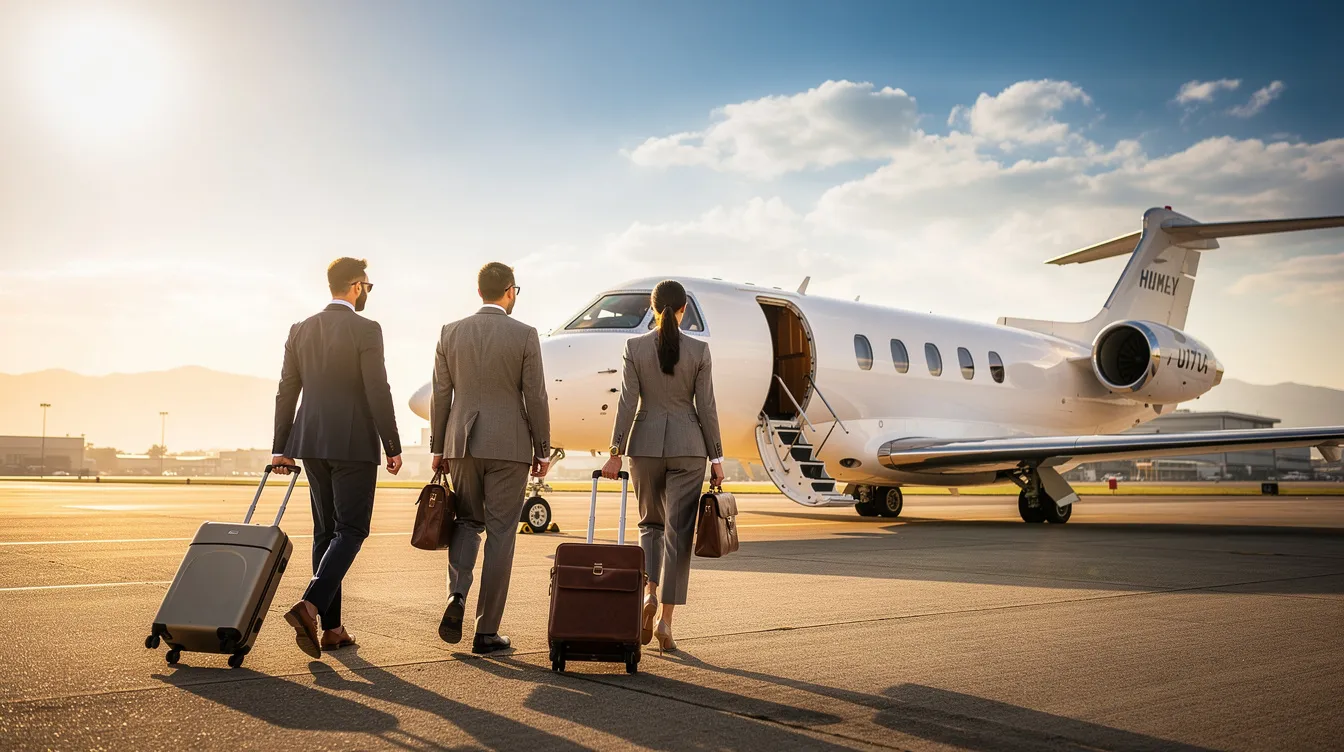 A group of business travelers is walking toward a luxurious Gulfstream aircraft on a sunny day, ready to embark their journey. The private jet, known for its efficiency and safety features, stands out among other private jets, embodying the pinnacle of business aviation.