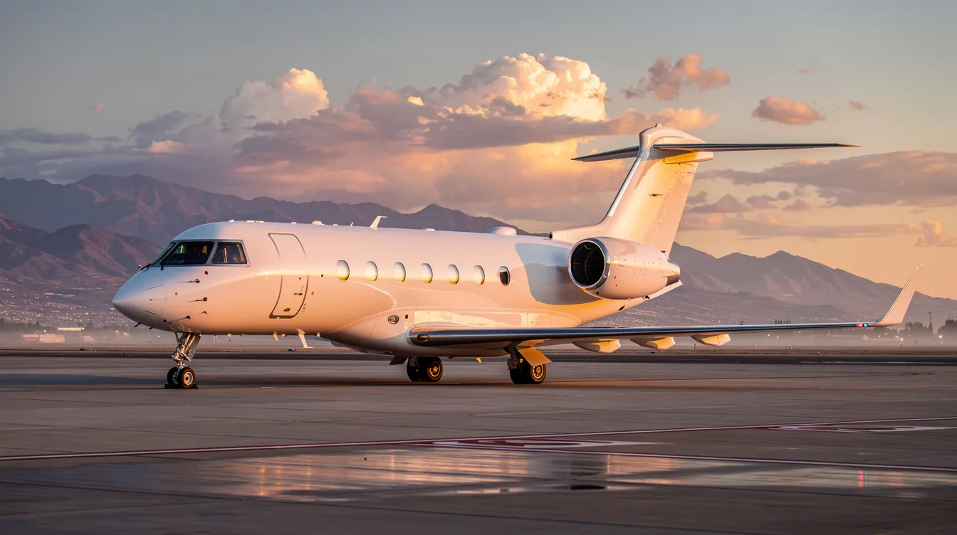 A Gulfstream jet is parked on the tarmac at sunset, with majestic mountains in the background, showcasing the luxury and efficiency of private aviation. This scene highlights the aircraft's sleek design and the tranquil ambiance of a journey that promises comfort and safety for its passengers.