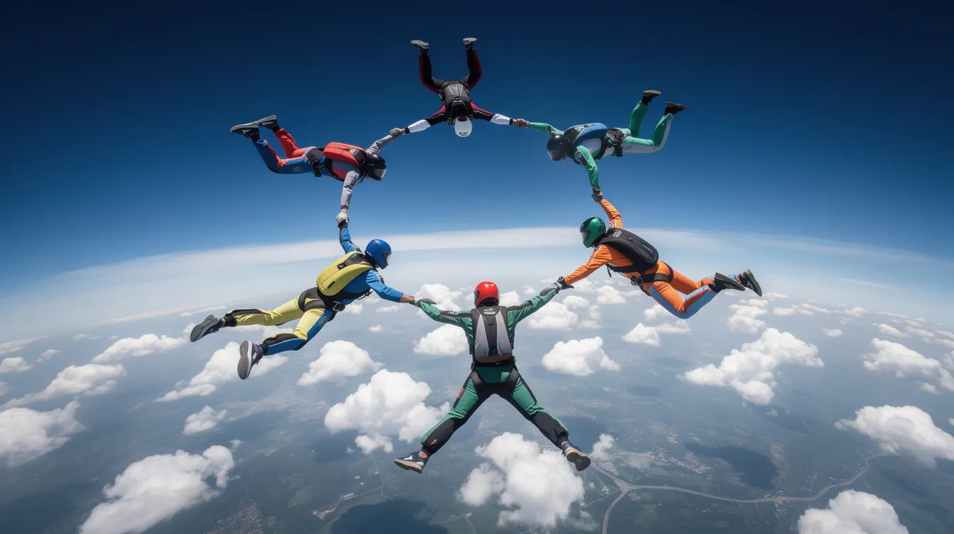 A group of skydivers is captured in freefall formation against a backdrop of a bright blue sky dotted with fluffy white clouds. The scene conveys a sense of adventure and thrill, reminiscent of the excitement found in general aviation and flight schools.