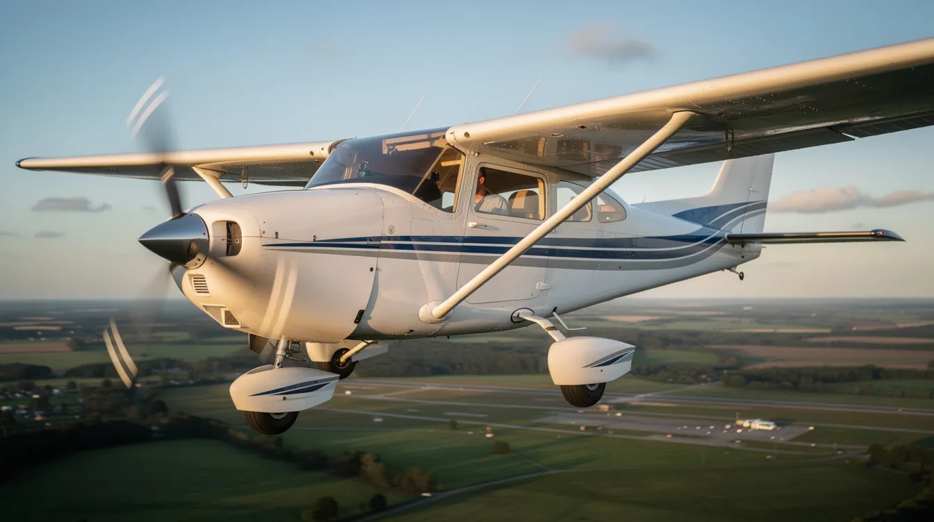 The image features a Cessna 182T Skylane, a modern American four-seat aircraft known for its proven airframe and high wing design. It showcases the fixed landing gear and spacious cabin, making it ideal for family adventures or weekend getaways, while equipped with advanced features like the Garmin G1000 cockpit system.