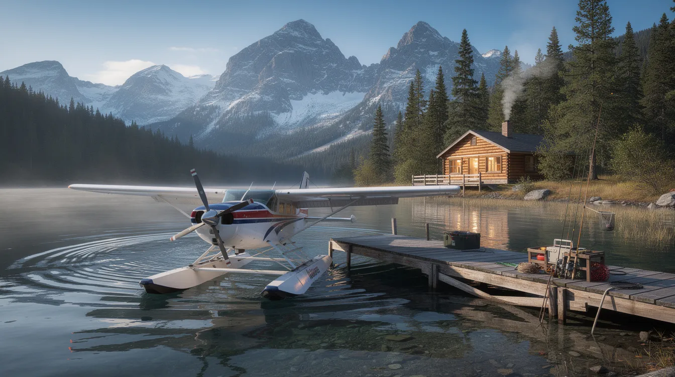 A floatplane, likely a Cessna 185 equipped with a factory float kit, is docked at a remote fishing lodge surrounded by majestic mountains. The serene location suggests a perfect spot for bush flying enthusiasts, with the lodge offering amenities like a heated hangar for aircraft maintenance.