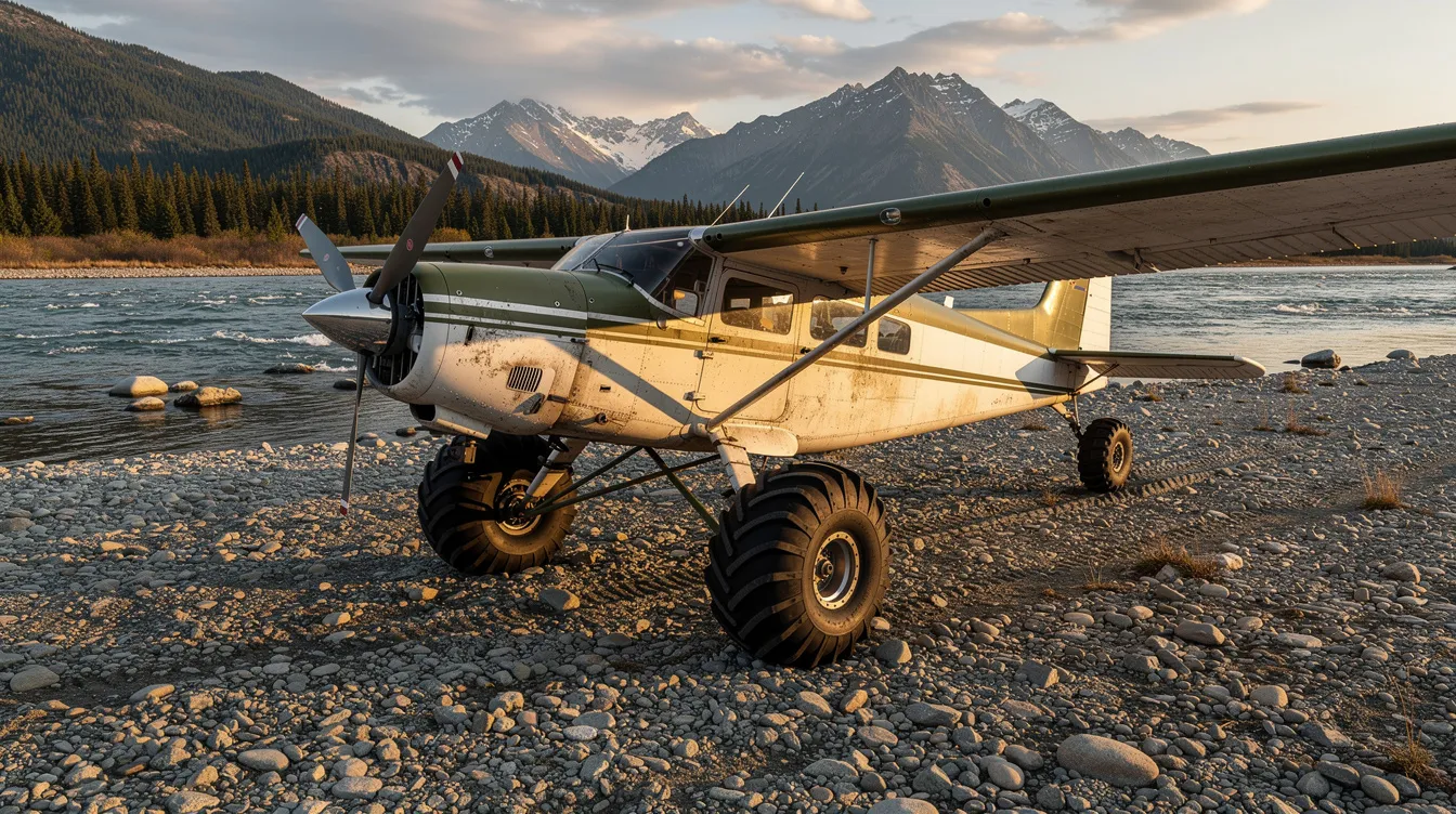 A bush plane, specifically a Cessna A185F, is parked on a gravel riverbed, showcasing its large tundra tires designed for rugged terrain. The aircraft is equipped with a factory float kit and is ready for bush flying adventures, with meticulous logs detailing its history and upgrades.