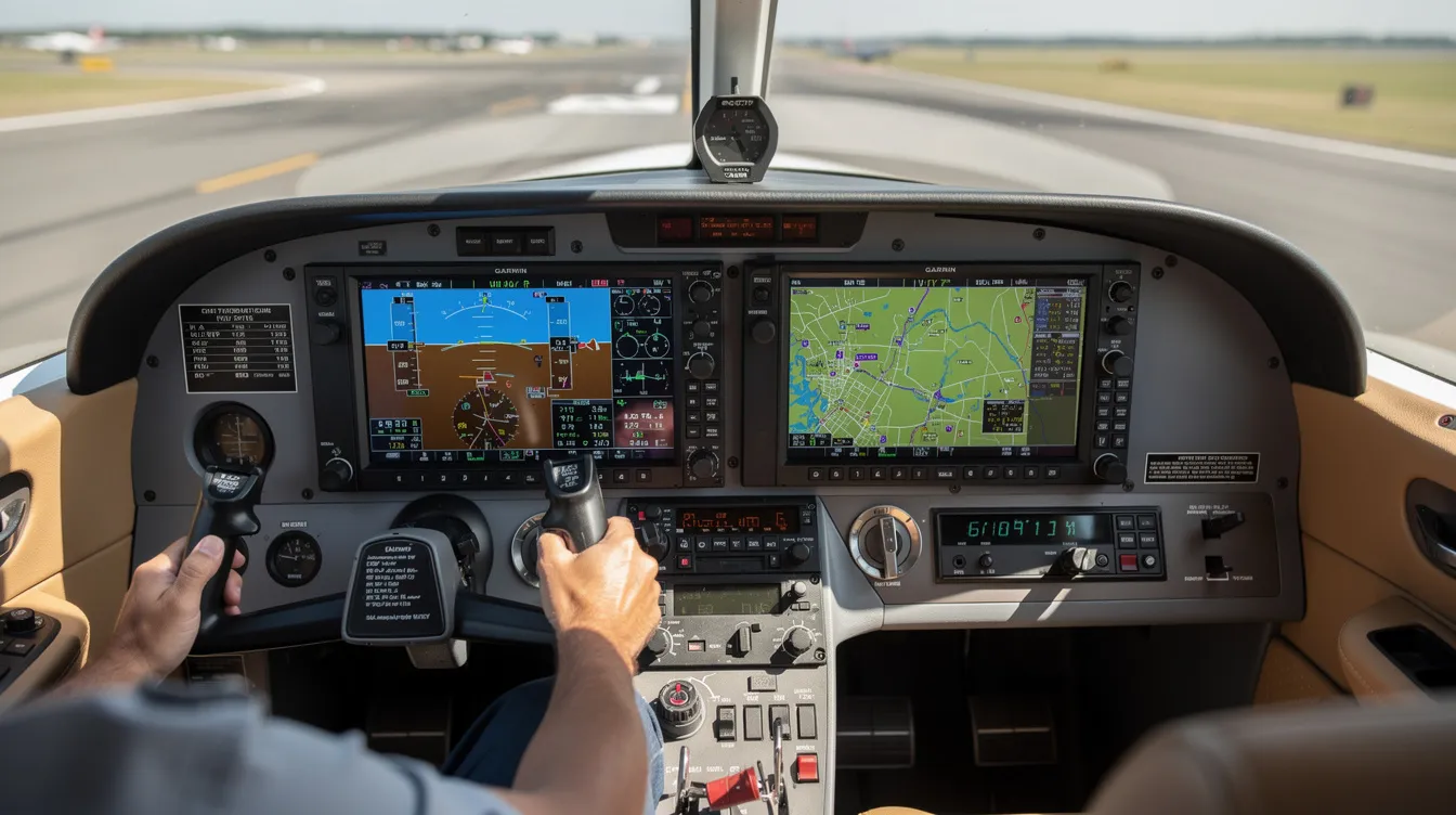 The image shows a modern glass cockpit inside a Cessna aircraft, featuring advanced Garmin avionics displays that provide essential flight information. This state-of-the-art cockpit is designed for aviation enthusiasts and potential buyers looking for upgrades in their flying experience.