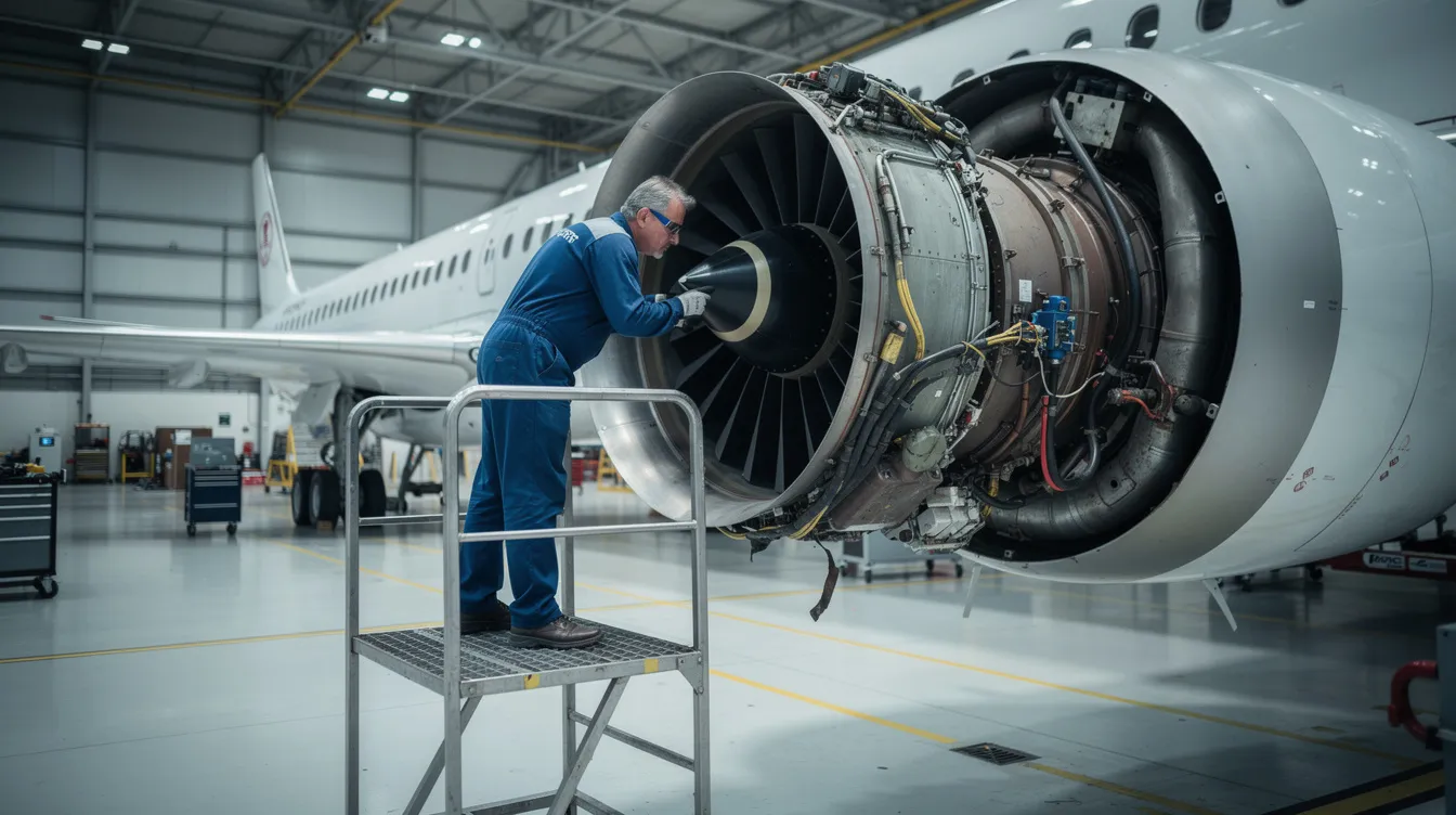 A mechanic is inspecting an aircraft engine inside a hangar, focusing on the components and ensuring everything is in working condition. The setting suggests a professional environment where aviation enthusiasts can explore aircraft maintenance and upgrades.