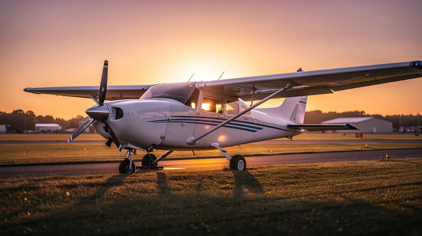 A small single-engine aircraft, resembling a Cessna, is parked on a grassy runway as the sun sets, casting a warm golden glow over the scene. This aircraft is available for sale, and interested customers can find more info on the owner's website, including details about its condition, upgrades, and total time flown.