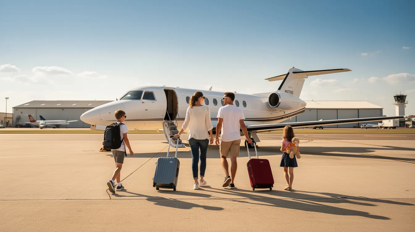 A family is walking towards a Cessna 182 aircraft at a regional airport on a sunny day, showcasing its high wing design and retractable landing gear. The scene captures the excitement of preparing for flight, with the spacious cabin ready to accommodate passengers as they embark on their journey.