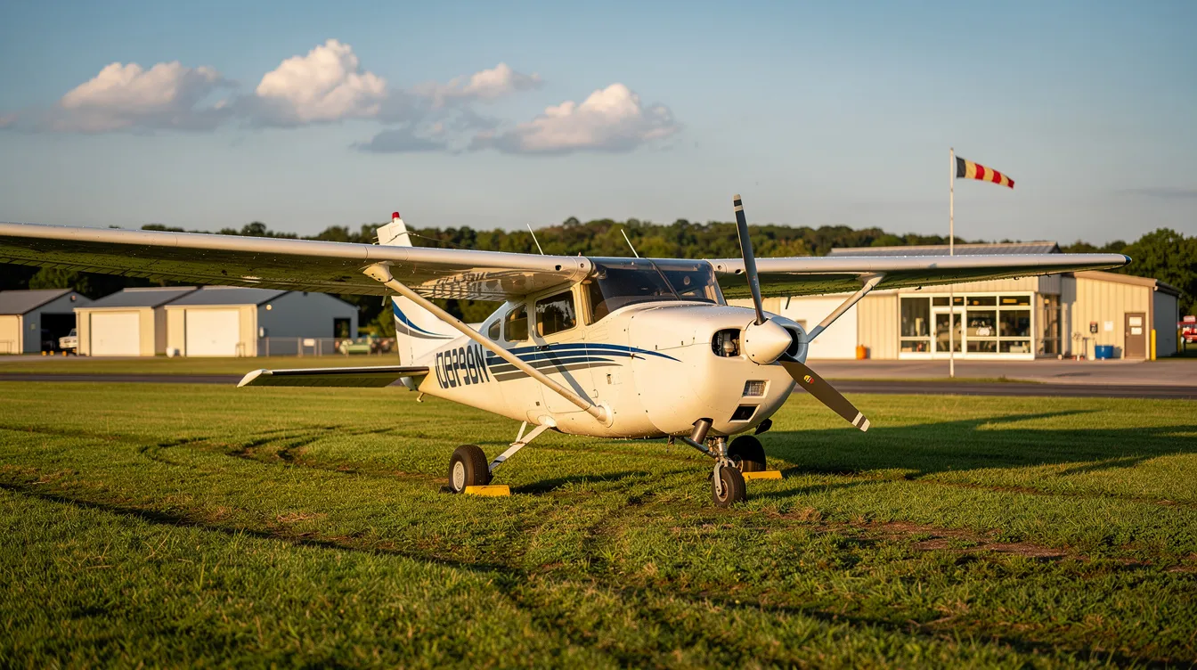 A Cessna 182 aircraft is parked on a grassy runway at a small regional airport, showcasing its high wing design and retractable landing gear. This versatile aircraft is often used by flight schools for training experienced pilots, offering a roomy cabin and efficient fuel burn for various flying missions.