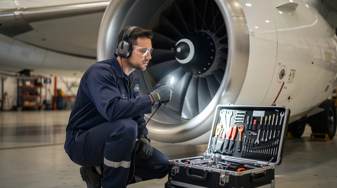 An aircraft mechanic is closely inspecting a single engine piston aircraft engine using various tools and an inspection light, highlighting the importance of maintenance and reliability in aviation. The mechanic's focused attention ensures the engine is in optimal condition for flying adventures.