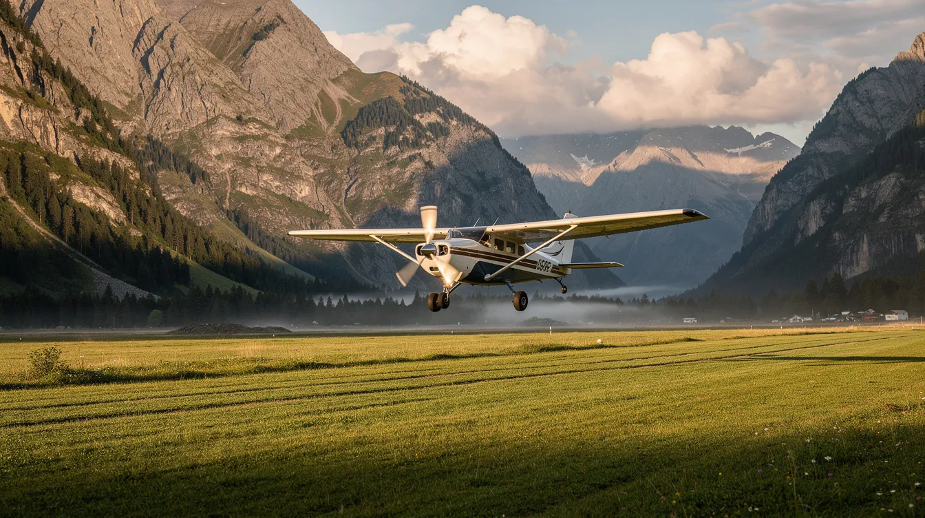 A Cessna 172 aircraft is landing on a grassy strip surrounded by mountainous terrain, showcasing its tricycle landing gear and powerful engine. The scene captures the essence of pilot training as the aircraft approaches the ground, demonstrating the capabilities of this successful single-engine aircraft.