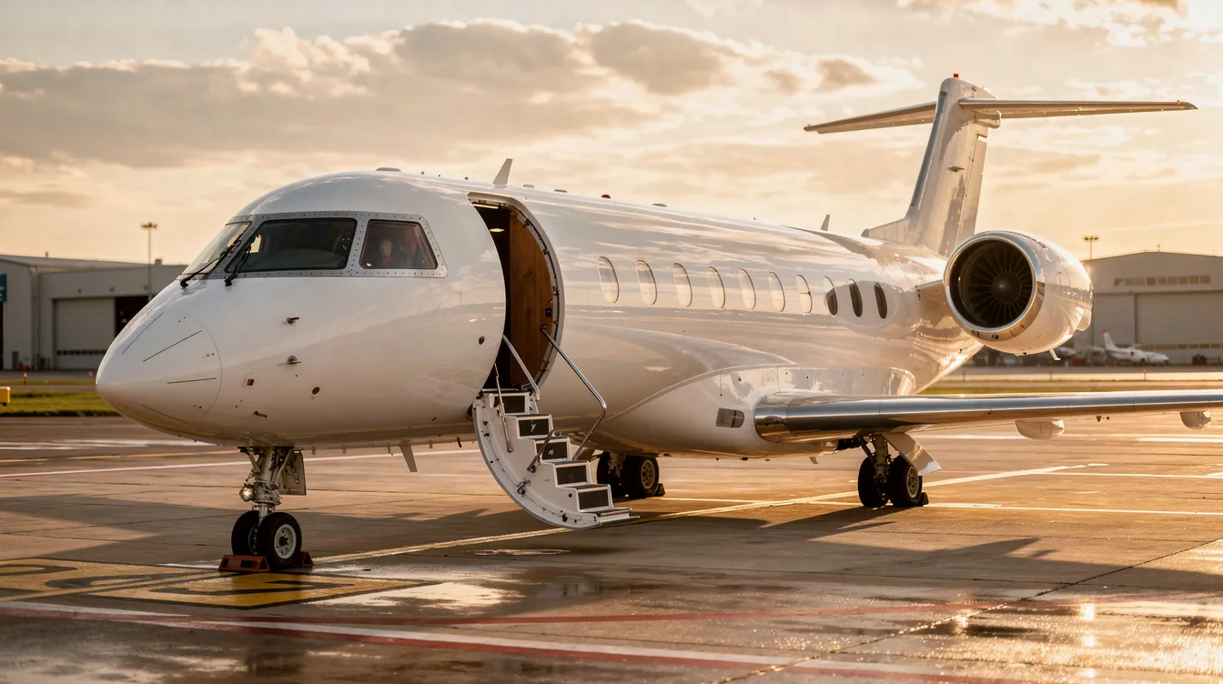A sleek Cessna business jet is parked on the tarmac with its door open and stairs extended, inviting passengers to board. The aircraft features a streamlined design typical of successful Cessna models, showcasing its powerful engine and spacious cabin for comfort during flights.
