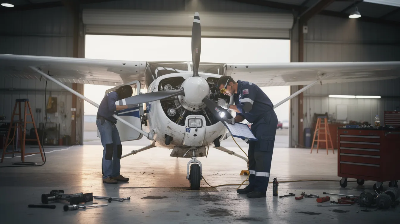 An aircraft mechanic is carefully inspecting the engine of a small airplane, likely a Cessna 172, inside a hangar. The mechanic is focused on ensuring the engine's reliability and performance during the annual inspection, surrounded by modern avionics and tools that showcase the latest technology in aviation maintenance.