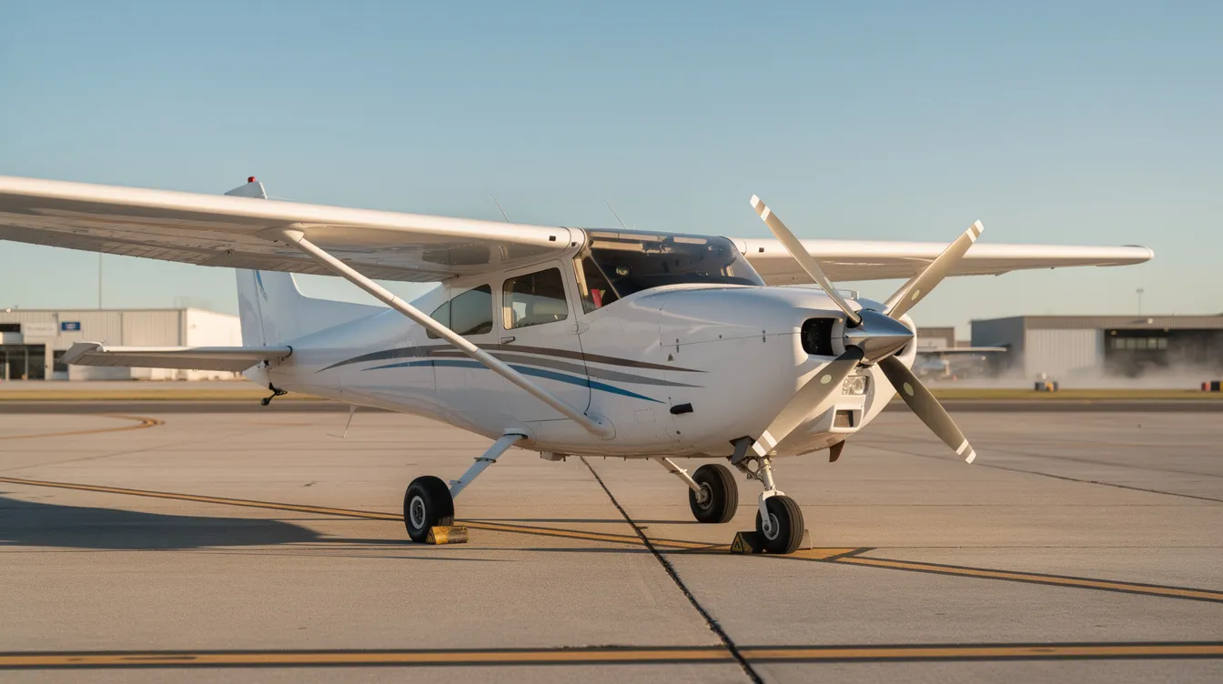A small single-engine Cessna 172 airplane, featuring modern avionics and a new interior, is parked on the airport tarmac under a clear blue sky. This reliable aircraft is ideal for pilots seeking training or personal flight, showcasing the latest technology in aviation.