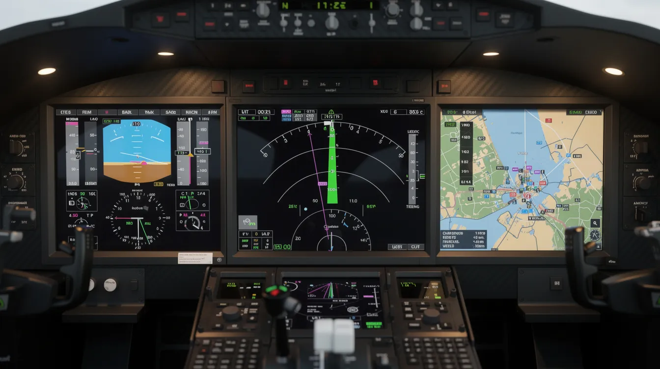 The image features a modern glass cockpit aircraft instrument panel, showcasing advanced digital displays and modern avionics that enhance flight performance and safety. This cutting-edge design is ideal for pilots seeking reliable and efficient technology for their flying experience.