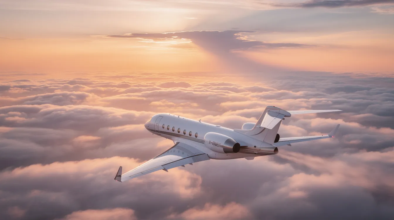 A private jet is soaring above a blanket of fluffy clouds, illuminated by the warm hues of a sunset in the background. This image captures the essence of business aviation, showcasing the freedom and luxury of flying private jets.