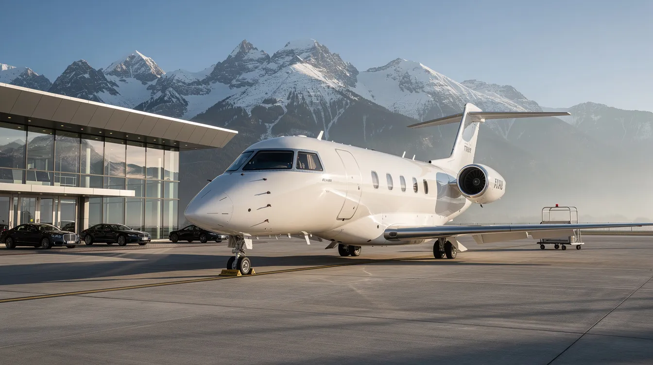 A sleek modern business jet is parked at a private aviation terminal, with majestic mountains rising in the background, showcasing the world of private jet flying and business aviation. The scene emphasizes the luxury and convenience of private air travel, often utilized by experienced pilots and corporate professionals.