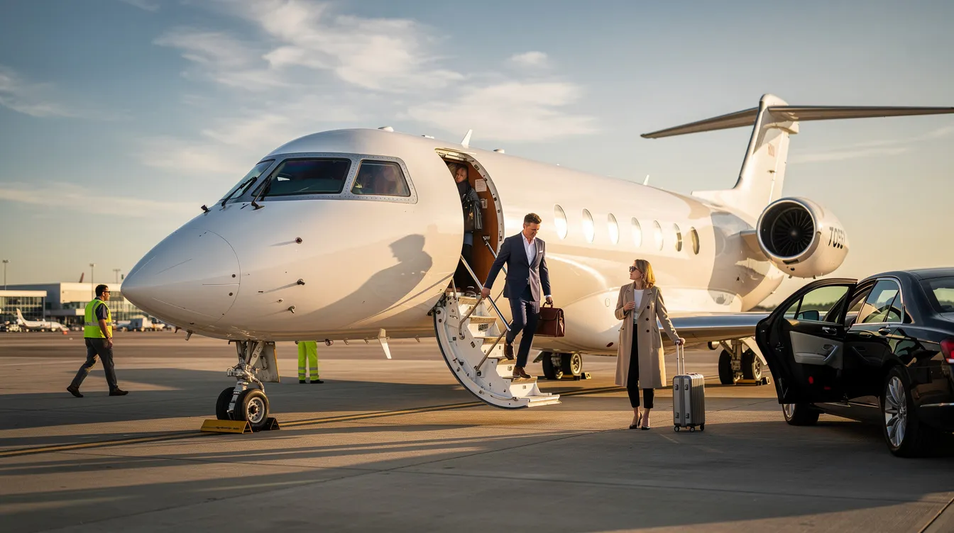 A private jet is parked on the tarmac, with passengers boarding while preparing for their golf trip to Pebble Beach and its famous courses. The scene captures the excitement of travelers heading to enjoy a luxurious vacation on the stunning Pacific coastline.