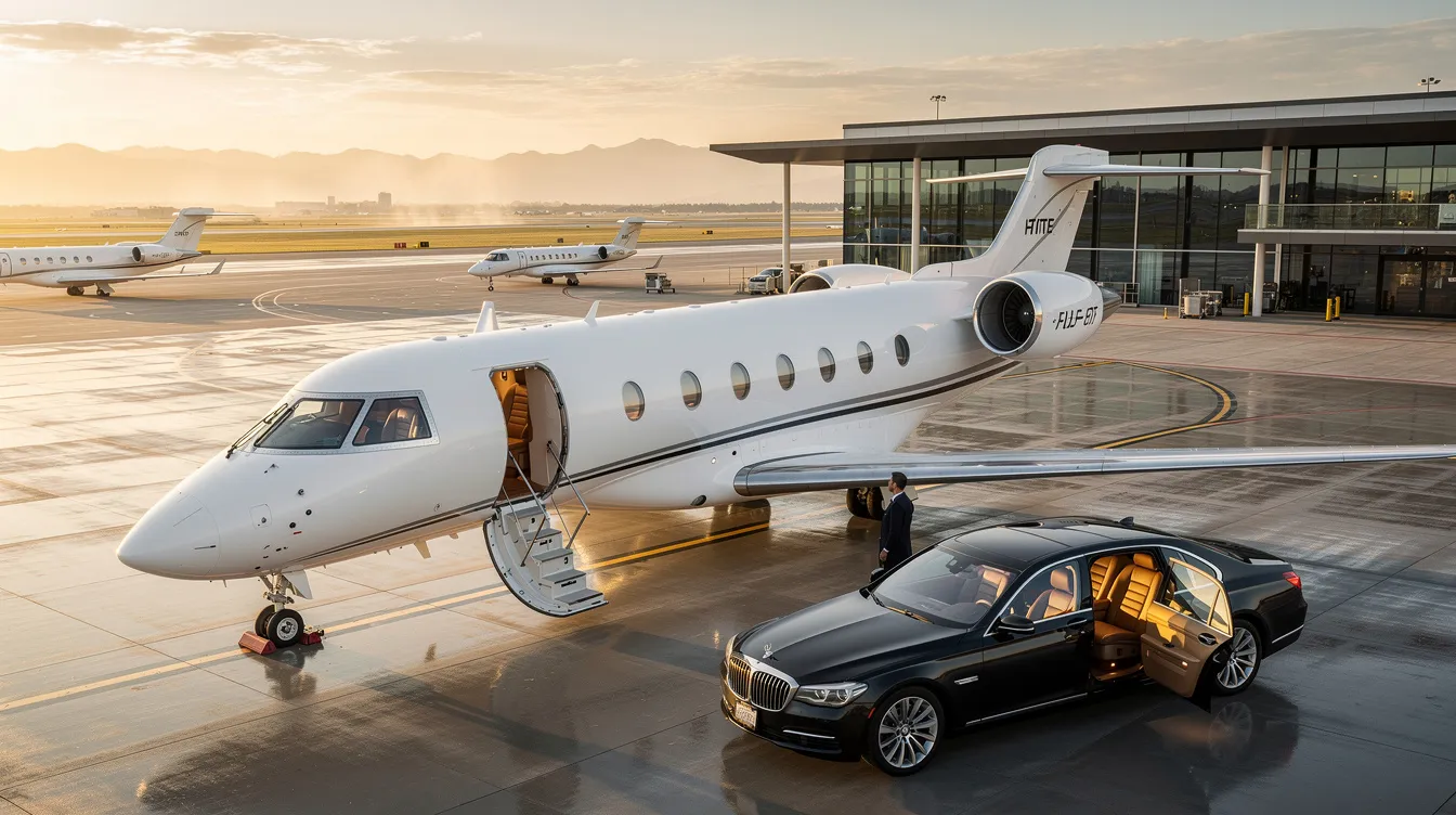 The image depicts a luxurious private jet, symbolizing the high-end services offered by private jet services groups. This aircraft represents the commitment to safety and professionalism in the aviation sector, catering to a global clientele that includes corporate executives, collegiate sports teams, and world-class entertainers.