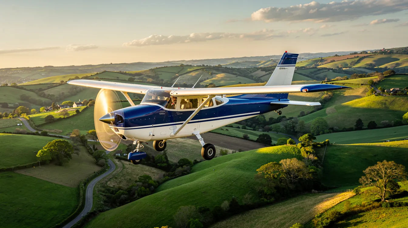 A blue and white Cessna 182 Skylane, a popular single engine aircraft known for its spacious cabin and reliability, is flying gracefully over lush green rolling hills. The aircraft's retractable landing gear is tucked away, enhancing its streamlined appearance as it soars through the sky.