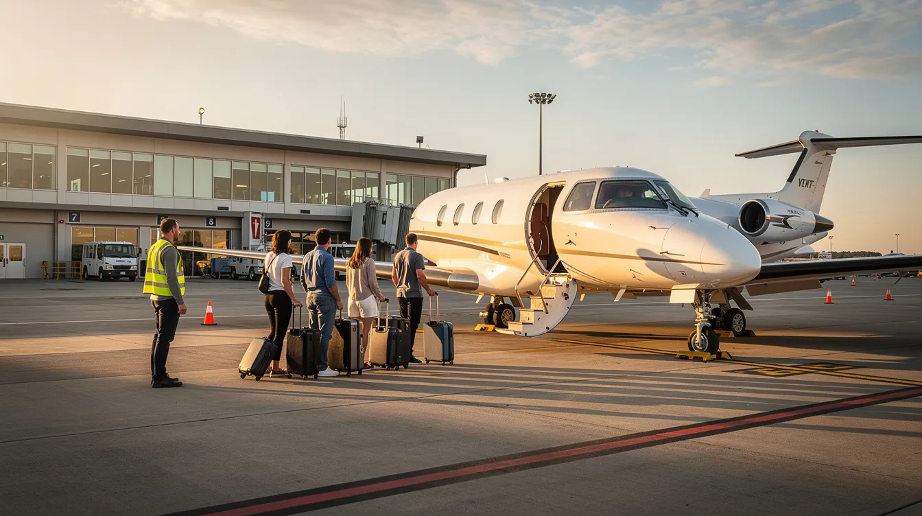 A small Cessna aircraft with retractable landing gear is parked at a regional airport terminal, where passengers are boarding for their flight. The aircraft features a spacious cabin and is designed for personal flying and passenger transport, making it a popular choice among student pilots and aviation enthusiasts.