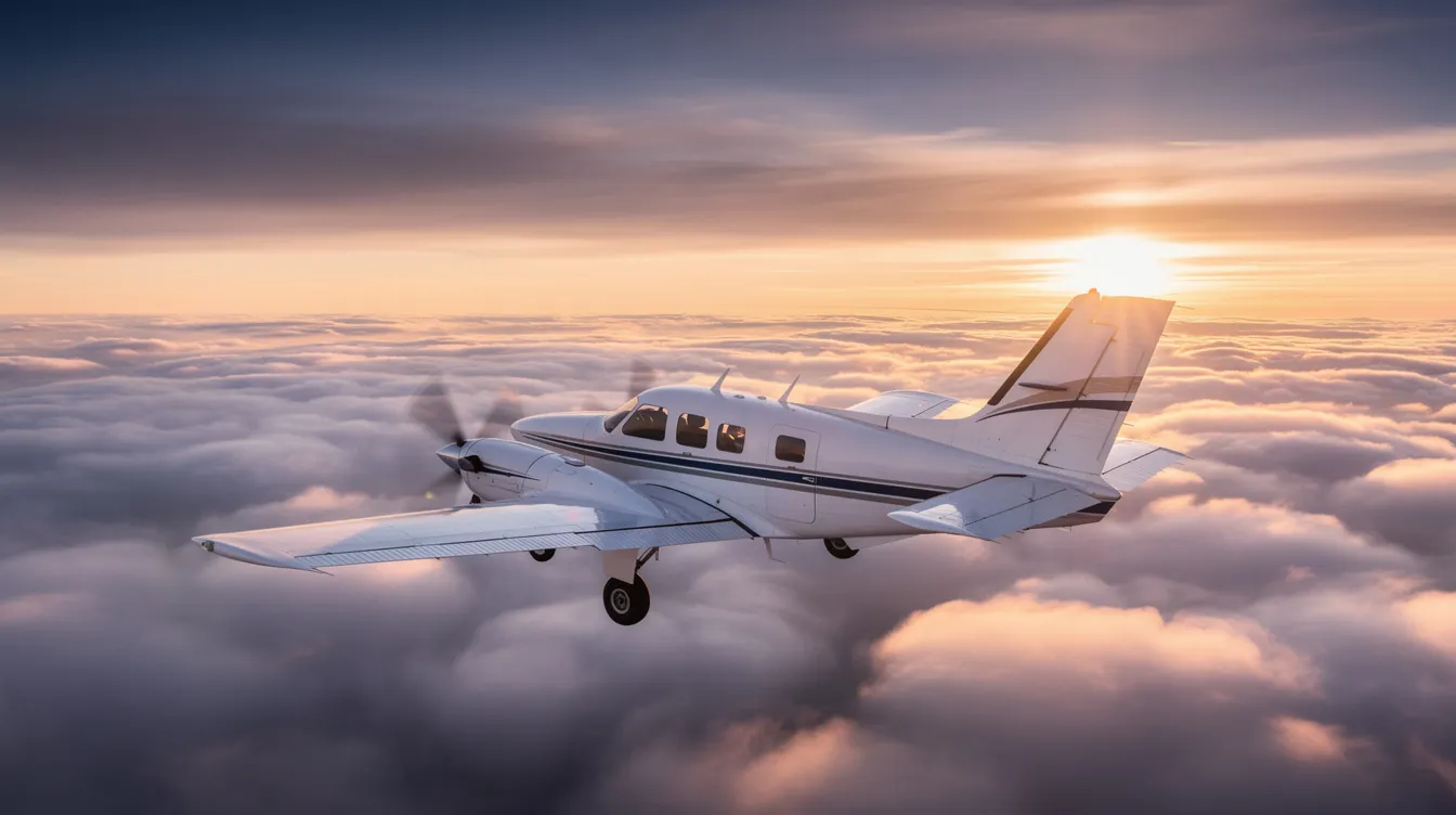 A Cessna 340 twin-engine aircraft is soaring above fluffy clouds during a vibrant sunset, showcasing its sleek design and retractable landing gear. The aircraft, known for its spacious cabin and reliability, is a popular choice for personal flying and passenger transport.