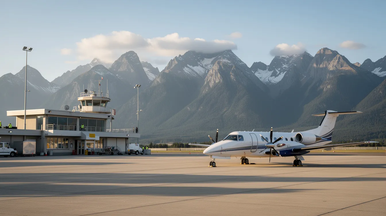 The image depicts a small regional airport featuring private turboprop aircraft parked on the tarmac, with majestic mountains rising in the background. This scene captures the essence of aviation, highlighting the efficiency and appeal of small aircraft for business trips and adventures.