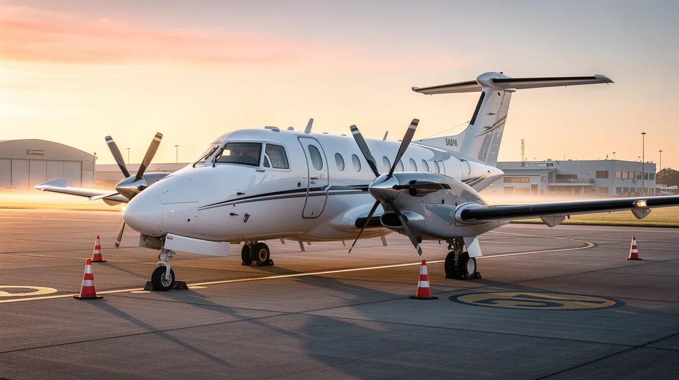 A modern 8-seat turboprop aircraft is parked on the airport tarmac at sunrise, showcasing its sleek design and efficient engines, ideal for business trips. The vibrant colors of the sunrise reflect off the aircraft, emphasizing its role in aviation and travel.