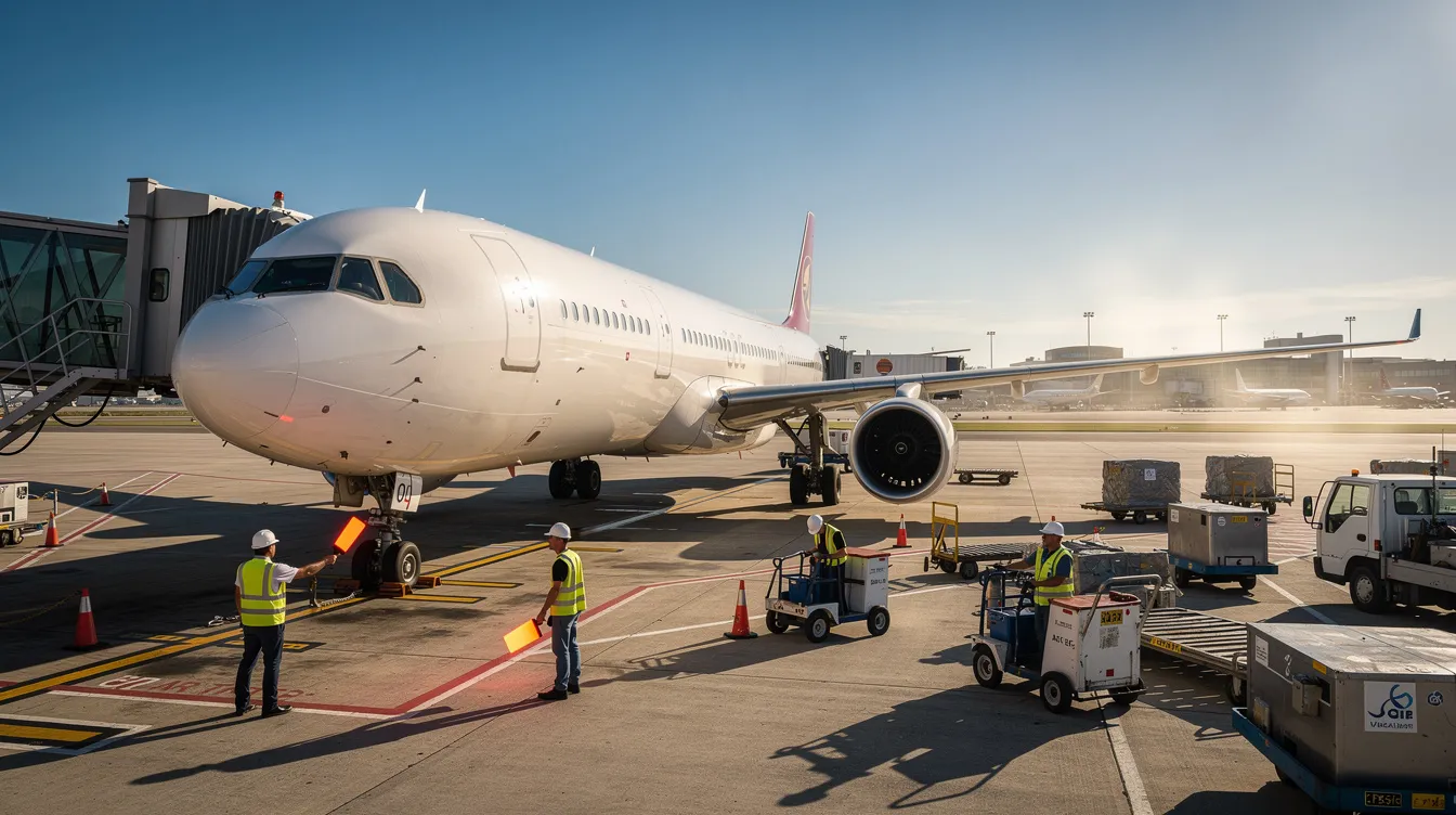 A commercial airplane is parked on a sunny tarmac at Key West International Airport, with ground crew members preparing for the next flight. The scene captures the vibrant atmosphere of the airport, which serves as a key destination in the Florida Keys.