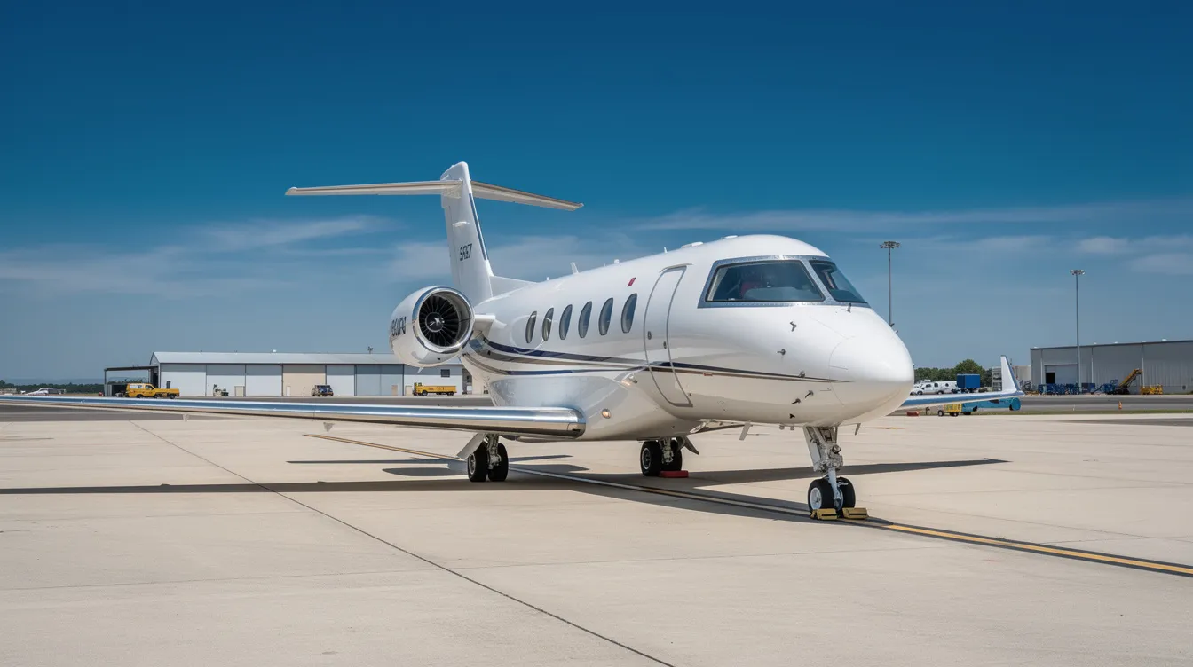 A light private jet aircraft is parked on the airport ramp under a clear blue sky, showcasing the facilities of Key West International Airport. The scene captures the essence of air travel in the Florida Keys, highlighting the aircraft ready for its next flight.
