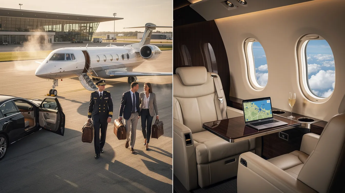 The image depicts a luxurious private jet parked at an airport, symbolizing the aircraft brokerage and sales aspect of the aviation industry. It represents the complete solution for aircraft owners and buyers looking to navigate the process of acquisitions with confidence and efficiency.