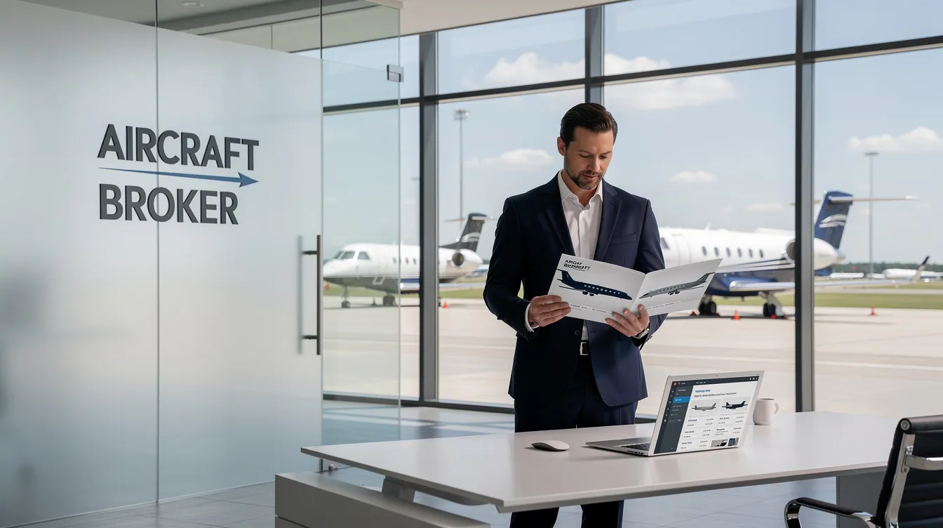 An aircraft broker is depicted in a professional setting, assisting clients with aircraft sales and acquisitions, showcasing their expertise in the aviation industry. The broker is engaged in discussions about private jets, emphasizing their ability to guide clients through the buying and selling process while ensuring regulatory compliance and thorough due diligence.