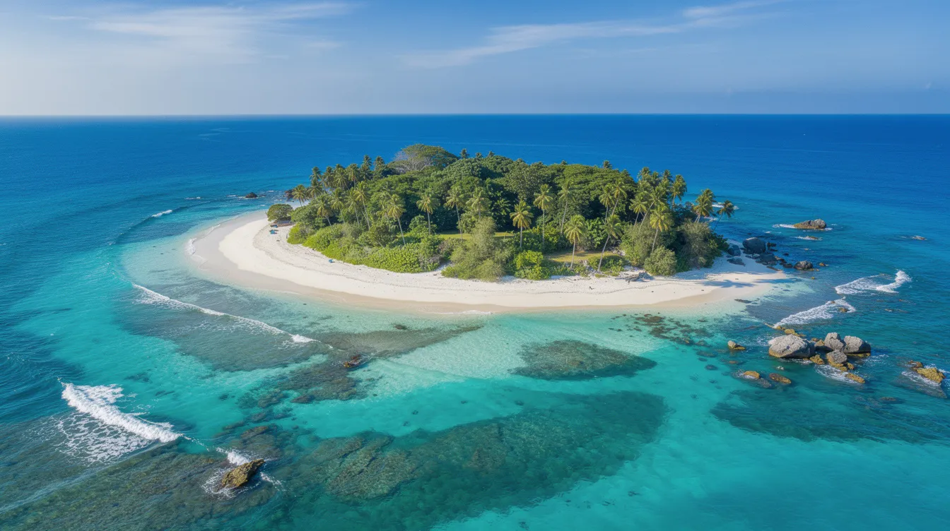An aerial view captures a stunning tropical island featuring a pristine white sand beach surrounded by vibrant turquoise water, perfect for visitors seeking an escape in the Sunshine State. This picturesque scene highlights the beauty of Florida's coast, making it an ideal destination for Miami seaplane tours and adventures.