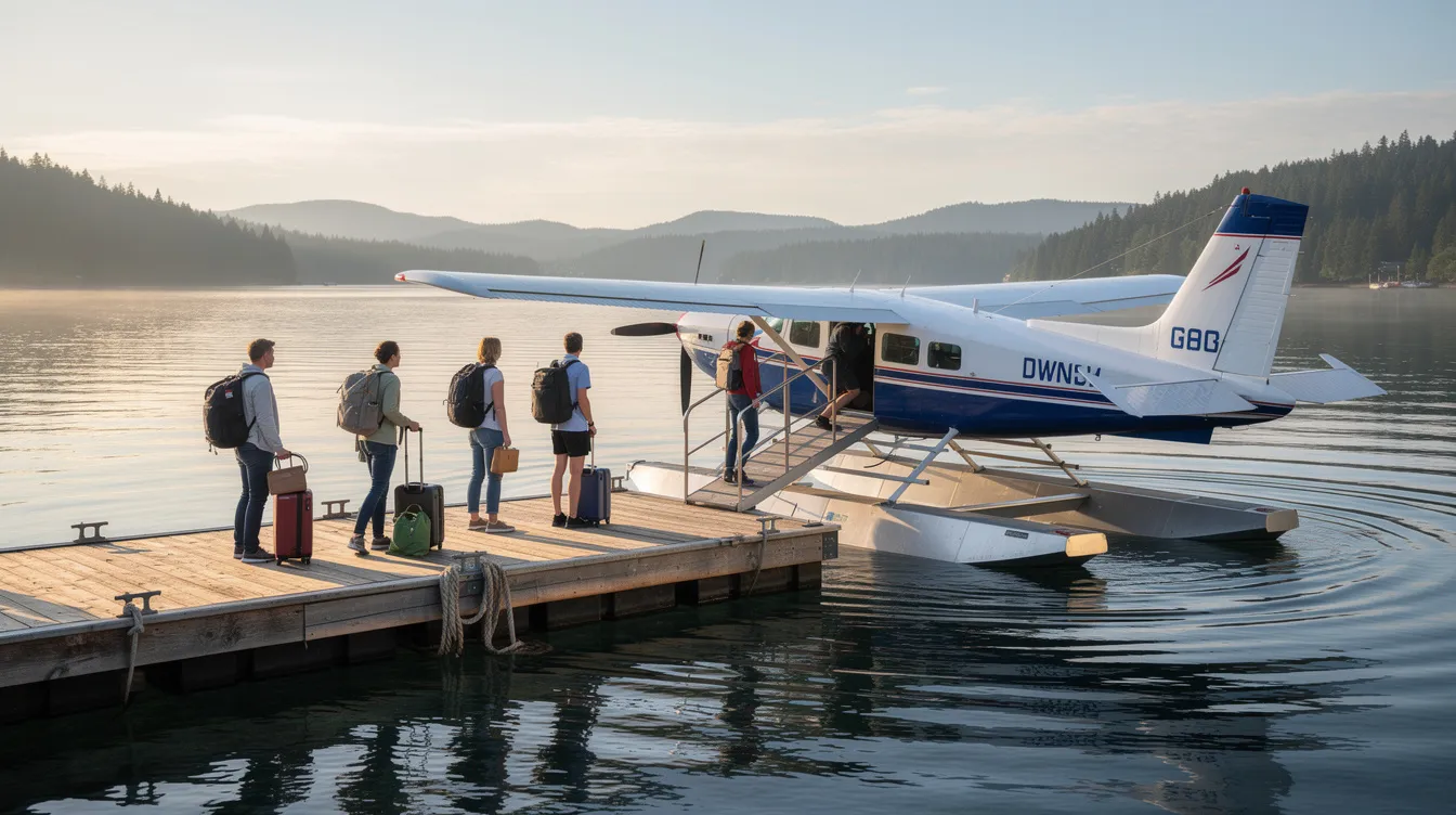 A small group of travelers is boarding a seaplane at a waterfront dock, ready for an adventure exploring the sights of Miami and its surrounding destinations. The scene captures the excitement of seaplane tours as they prepare to take off over the beautiful Florida coast.