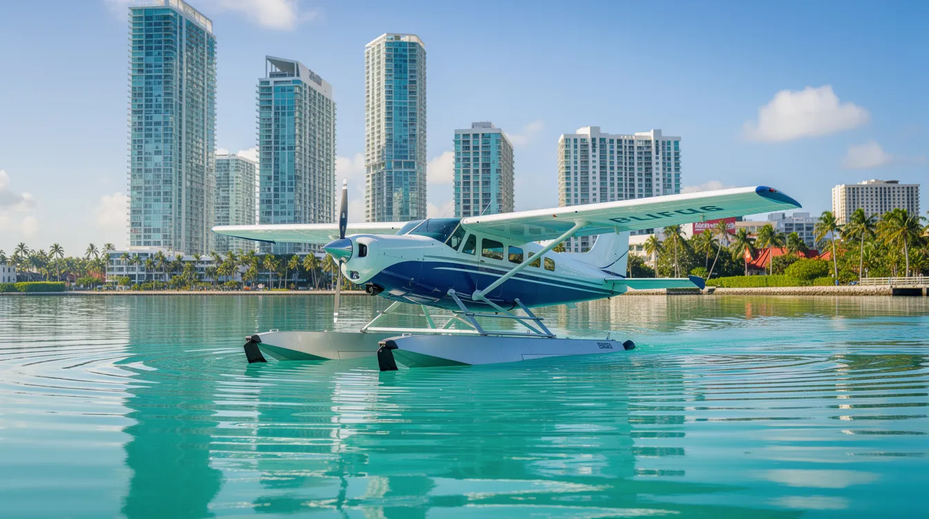 A seaplane floats gracefully on calm turquoise waters, with the stunning Miami skyline rising in the background, showcasing the beauty of Florida's sunshine state. This image captures the essence of adventure and escape, perfect for those looking to explore Miami seaplane tours and its breathtaking sights.