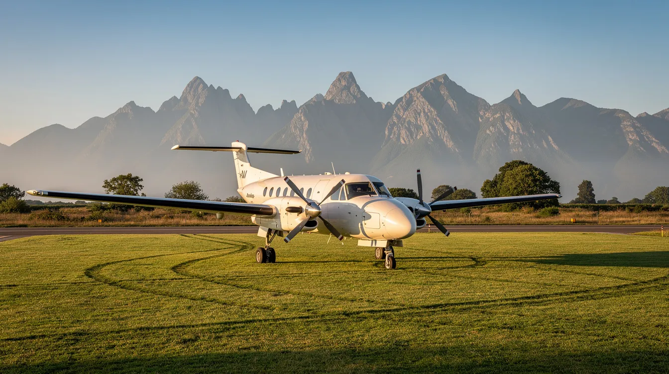 A white Pilatus PC-12 turboprop aircraft is parked on a grassy airstrip, with majestic mountains in the background. This single-engine aircraft is designed for passenger transport, accommodating up to nine passengers with a spacious cabin and equipped with advanced Honeywell avionics.