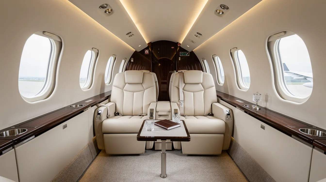 The image depicts the interior of a Pilatus PC-12 private aircraft cabin, featuring cream leather executive seats arranged in a club configuration, designed to comfortably accommodate up to nine passengers. The spacious cabin emphasizes luxury and comfort, ideal for business travel or long-distance flights.