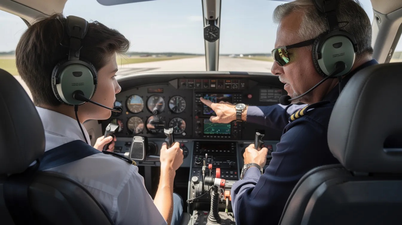 A student pilot sits in the cockpit of a Cessna aircraft, attentively listening to an experienced flight instructor who is pointing at the instruments, providing personalized training during their flight instruction session at a San Antonio flight school. This moment captures the essence of flight training as they work towards achieving their private pilot license.