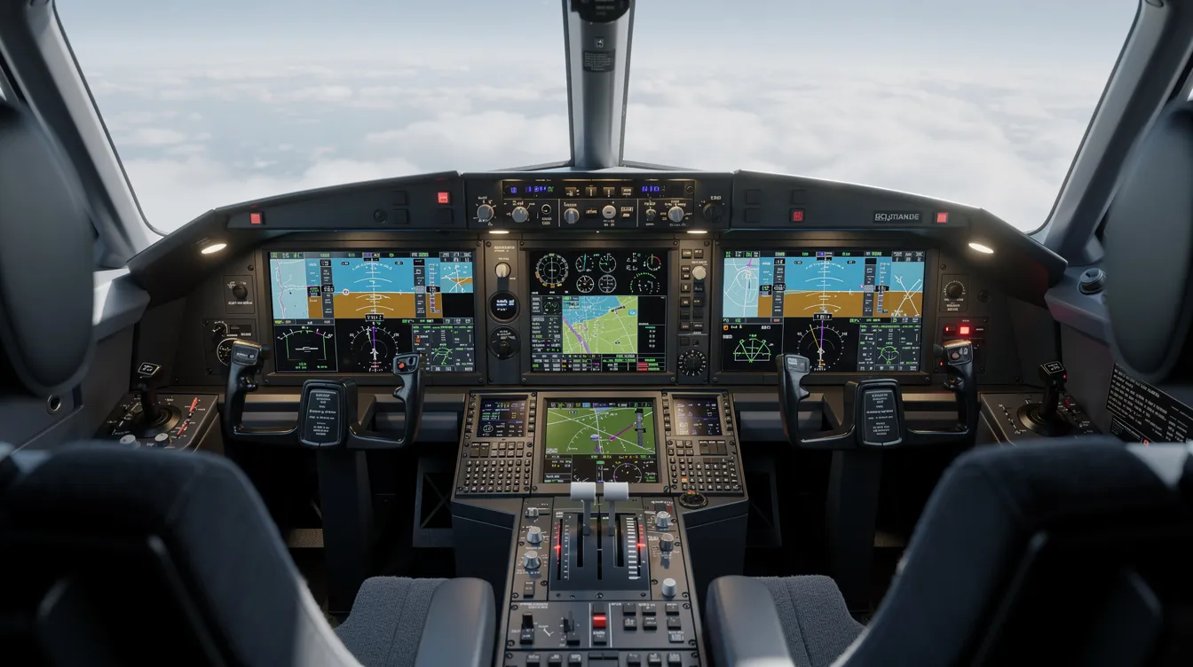 The image showcases a modern glass cockpit featuring advanced digital flight displays and navigation screens, ideal for flight training and pilot instruction. This high-tech environment is essential for students at a premier flight school in San Antonio, where aspiring pilots take their first steps toward achieving their private pilot license or commercial pilot career.