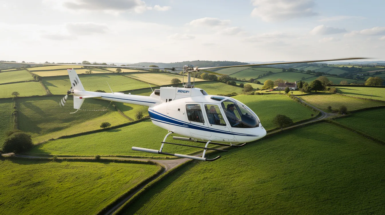 A Robinson R22 helicopter soars gracefully over a lush green countryside, showcasing the beauty of nature from above. This scene captures the essence of flight training for aspiring helicopter pilots, highlighting the freedom and adventure of becoming a certified helicopter pilot.