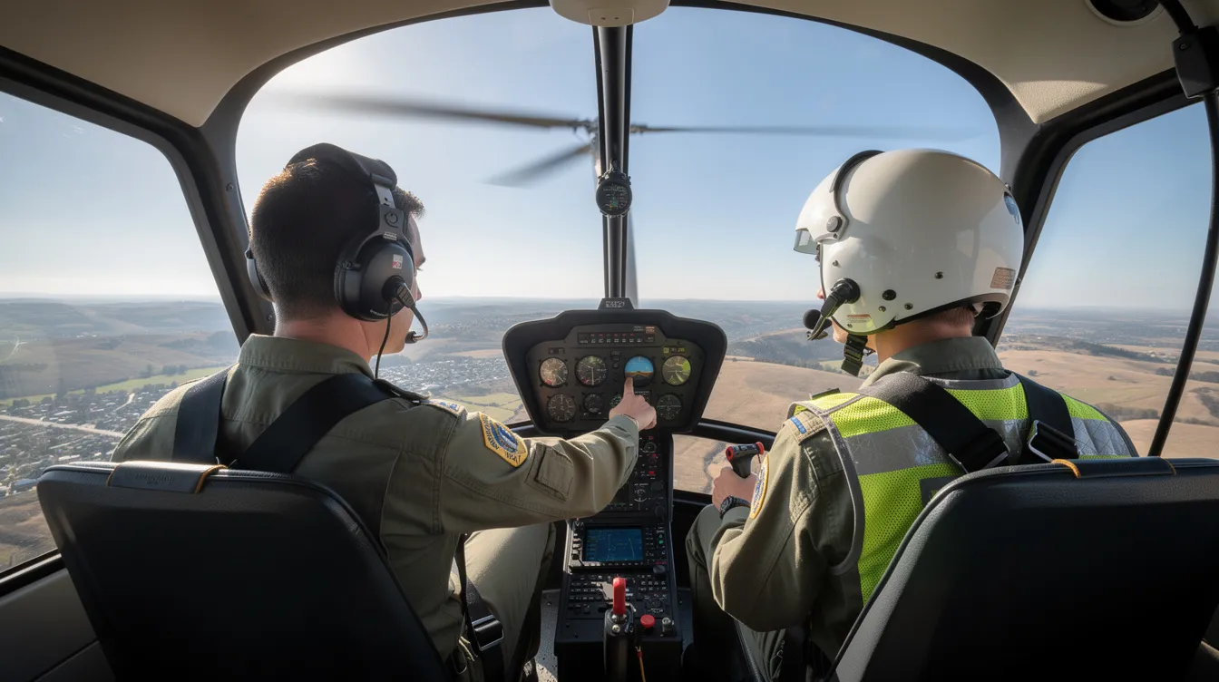 A student helicopter pilot is practicing various maneuvers under the guidance of a certified flight instructor, focusing on skills essential for obtaining a helicopter pilot certificate. This training is crucial for aspiring pilots aiming to achieve their private or commercial helicopter pilot license.