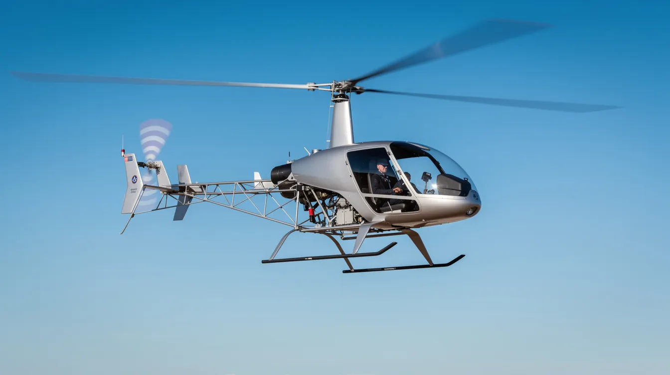 A gyroplane is soaring against a clear blue sky, showcasing its rotor blades and pusher propeller. The aircraft is designed for vertical takeoff and forward flight, embodying the unique features of an autogyro with its free spinning rotor system.