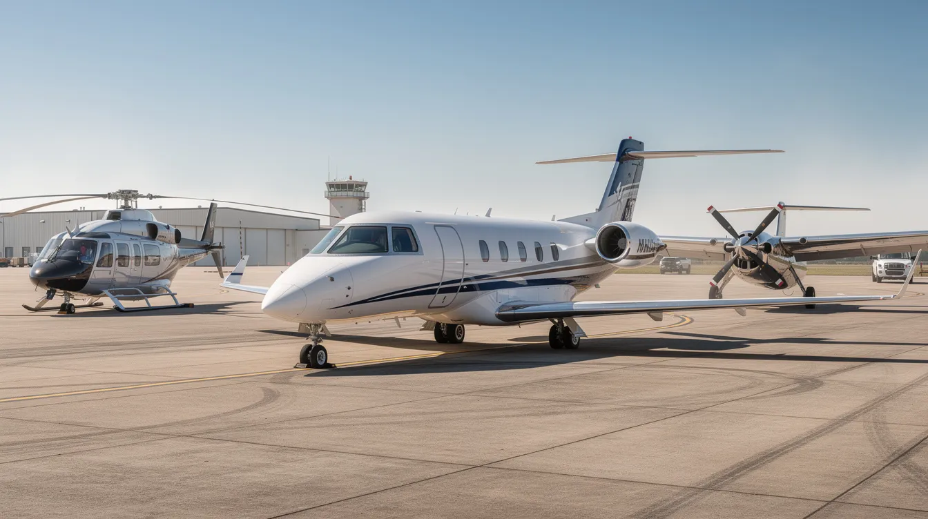 The image shows multiple aircraft types, including a small jet, a helicopter with prominent rotor blades, and a propeller plane, all parked on an airfield tarmac. The various designs highlight the diversity in aviation, from fixed wing aircraft to rotorcraft capable of vertical takeoff and landing.
