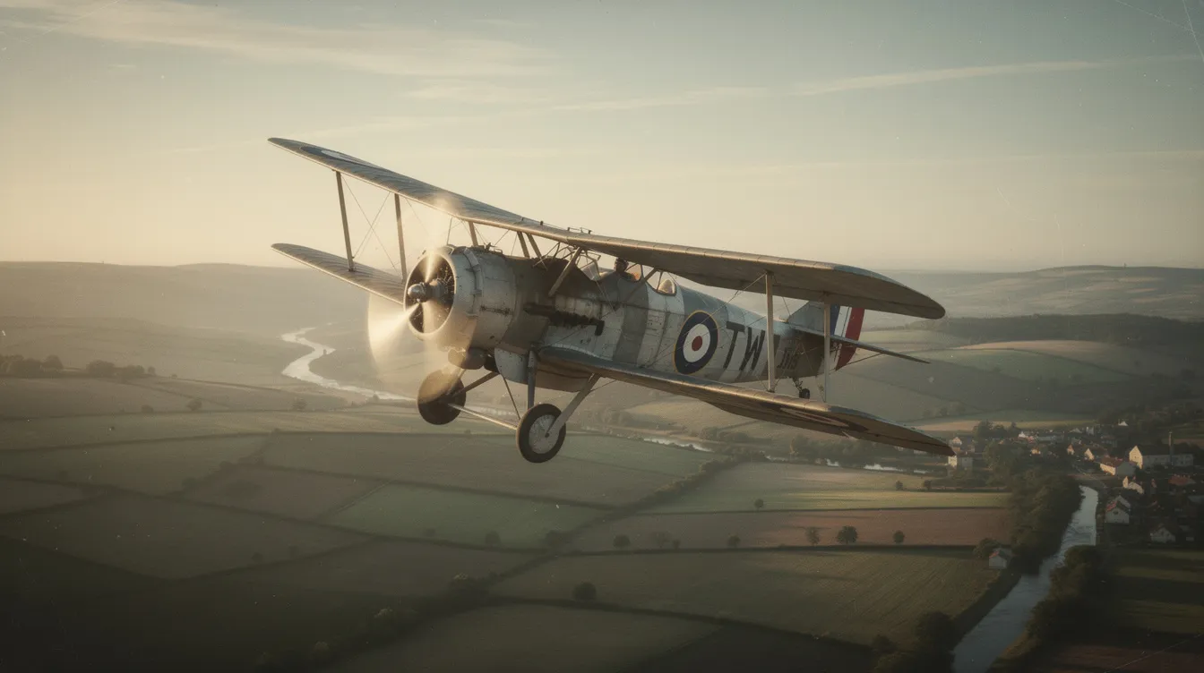 A vintage-style propeller aircraft, reminiscent of the early aviation era, soars gracefully over a picturesque countryside, showcasing its fixed wing and rotor system. The aircraft's rotor blades spin freely as it generates lift and forward thrust, embodying the spirit of adventure in flight.