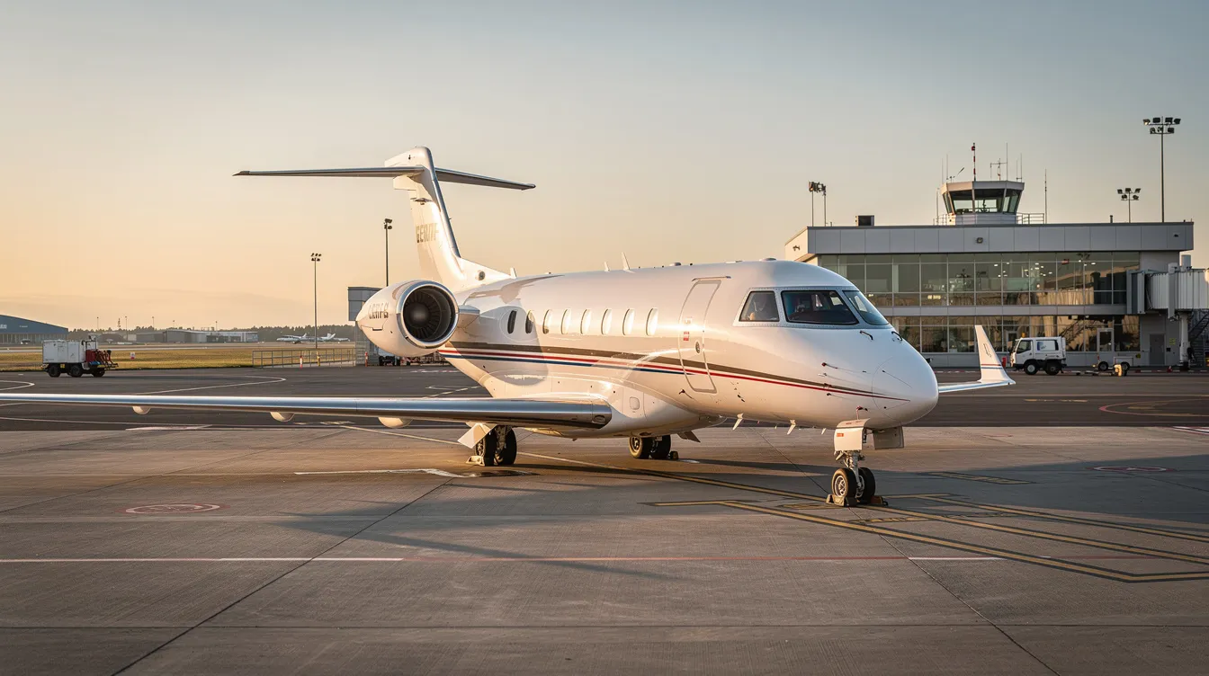 A sleek modern private jet is parked on the tarmac at a regional airport, showcasing the luxury and convenience of private aviation. This aircraft represents the high safety standards and curated experiences offered by private aviation companies, making it an ideal choice for business trips or upcoming flights.