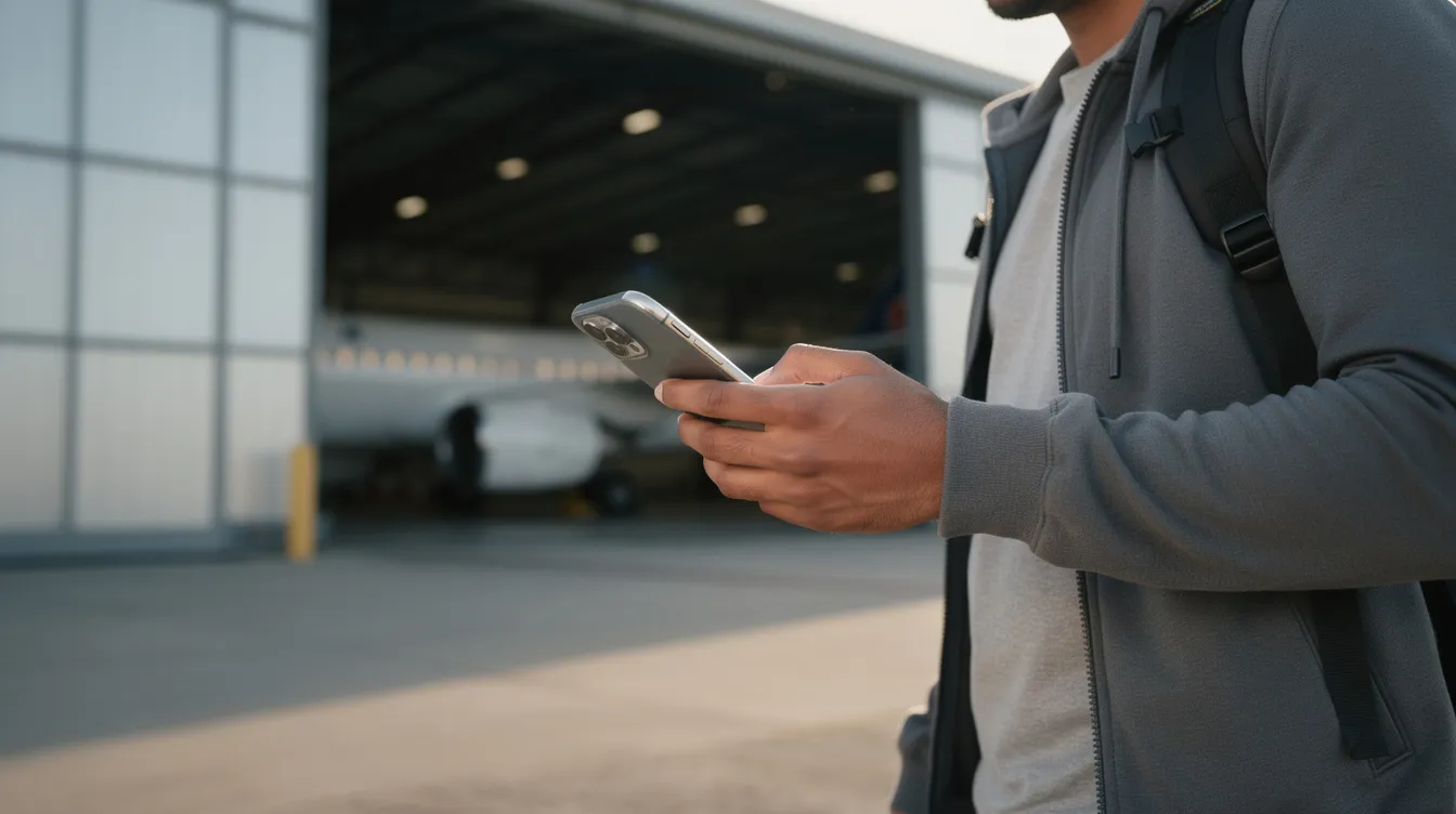 A person stands near an aircraft hangar, holding a smartphone and appearing engaged in planning their upcoming flights with a private aviation company. The scene reflects the world of private jets and curated experiences, highlighting the modern approach to flying private.