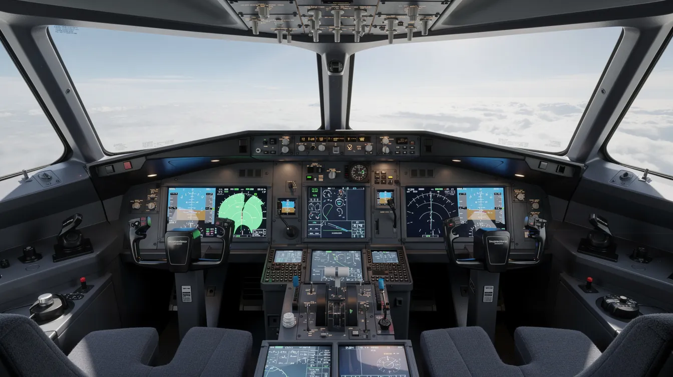 The image depicts a modern aircraft cockpit featuring advanced glass display screens, designed for single pilot operations in a business jet like the Cessna Citation series. The flight deck showcases a sleek and ergonomic layout, emphasizing fuel efficiency and enhanced visibility for pilots.