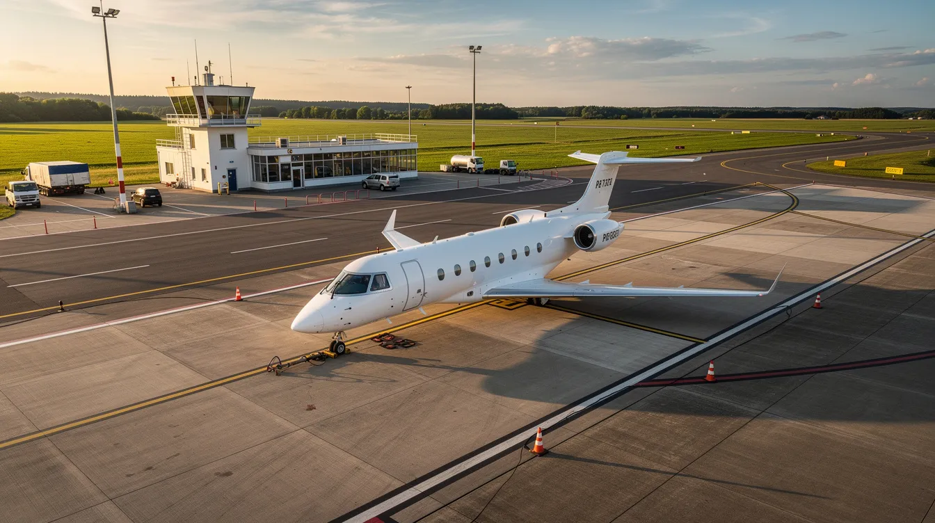 A small regional airport features a Cessna Citation business jet parked on the tarmac, showcasing its sleek design and comfortable cabin. The aircraft, designed for single pilot operations, highlights the advancements in aviation with its fuel efficiency and modern cockpit equipped with Garmin technology.