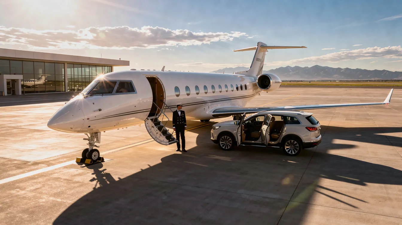 The image depicts a busy scene at Van Nuys Airport, one of the busiest general aviation airports in Los Angeles, showcasing various aircraft on the tarmac, hangars, and the airport's main runway. In the background, pilots can be seen preparing for departures, highlighting the airport's role in non-commercial air travel within the San Fernando Valley.