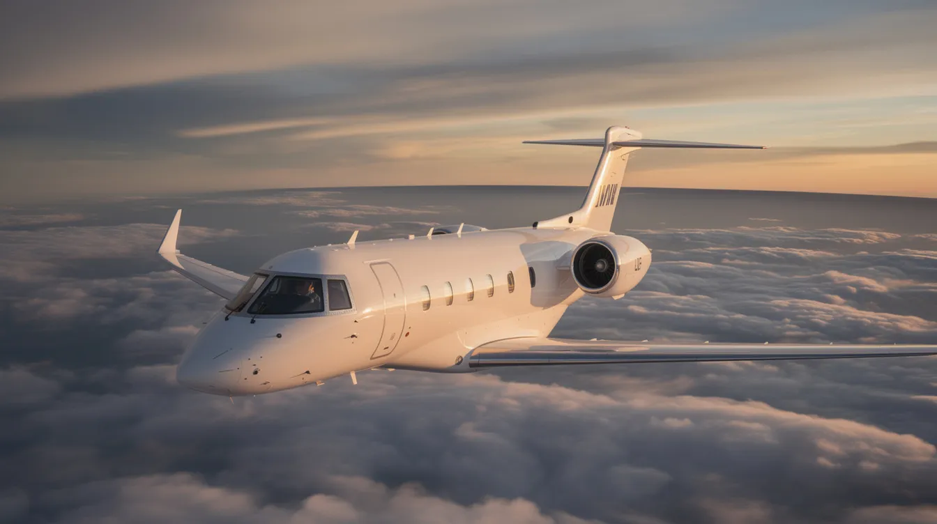 The image depicts a sleek private jet parked at Van Nuys Airport, one of the busiest general aviation airports in Los Angeles. Surrounding the aircraft are modern hangars and infrastructure, emphasizing the airport's role in non-commercial air travel within the San Fernando Valley.