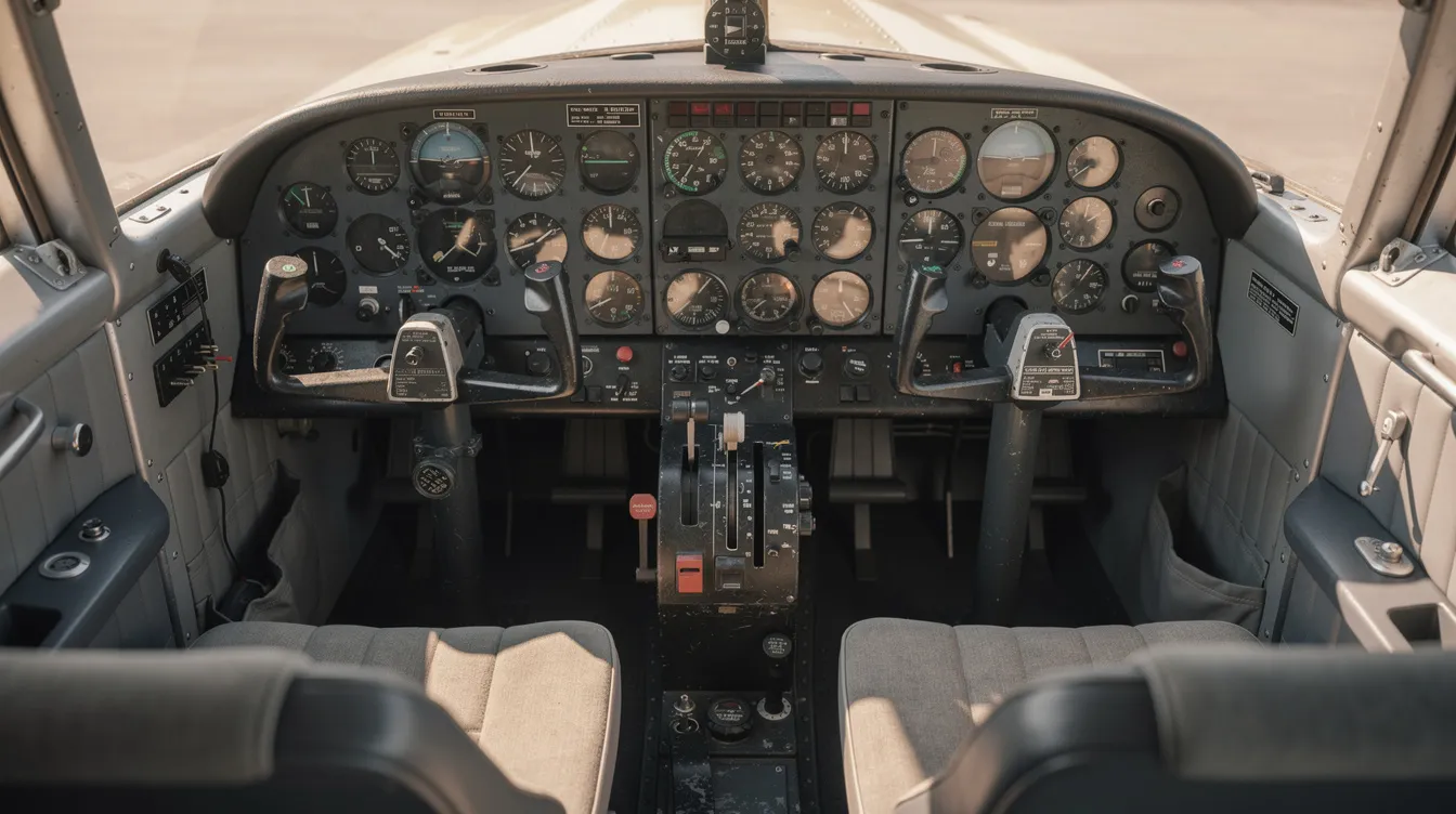 The image shows an aircraft cockpit featuring classic round gauges and dual control columns, providing the pilot with good visibility and essential flight information. The design reflects the characteristics of general aviation aircraft, such as the Cessna 425 Conquest, known for its comfortable seats and upgraded avionics.