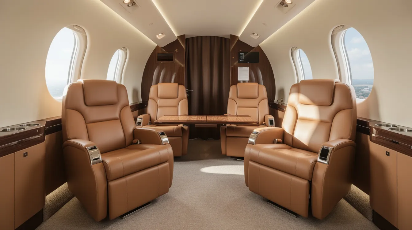 The image features the interior of an executive aircraft, showcasing a tan leather club seating arrangement that offers comfortable seats for passengers. The wide oval cabin design provides good visibility through large windows, creating a luxurious atmosphere for flying in a Cessna 425 Corsair or similar aircraft.